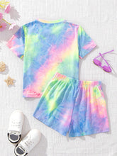 Women's Casual Smile Printed Colorful Tie-Dye T-Shirt And Shorts Set, Suitable For Summer